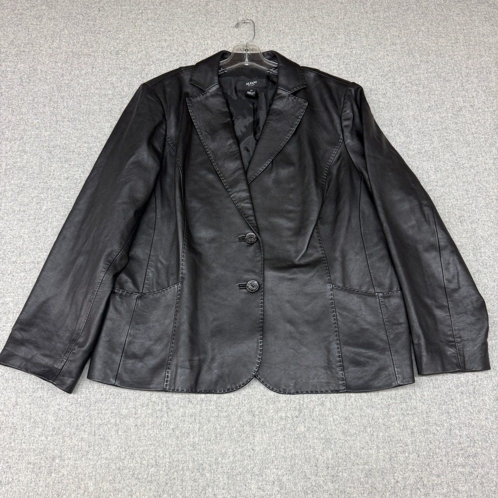 Alfani Woman Leather Blazer 2X Black Genuine Leather Two Button Jacket Professil